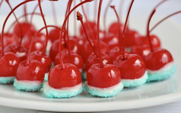 Boozy Cherry Bombs on white plate
