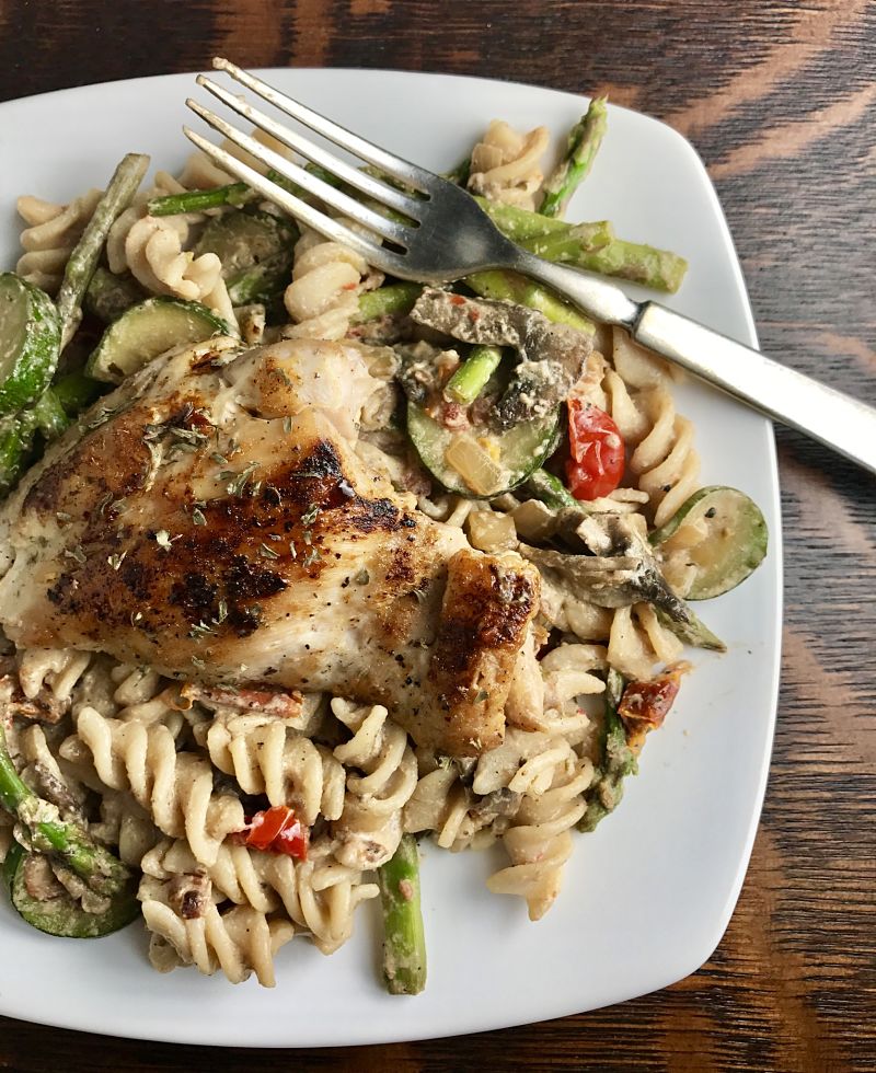 Creamy Goat Cheese Veggie Chicken Pasta