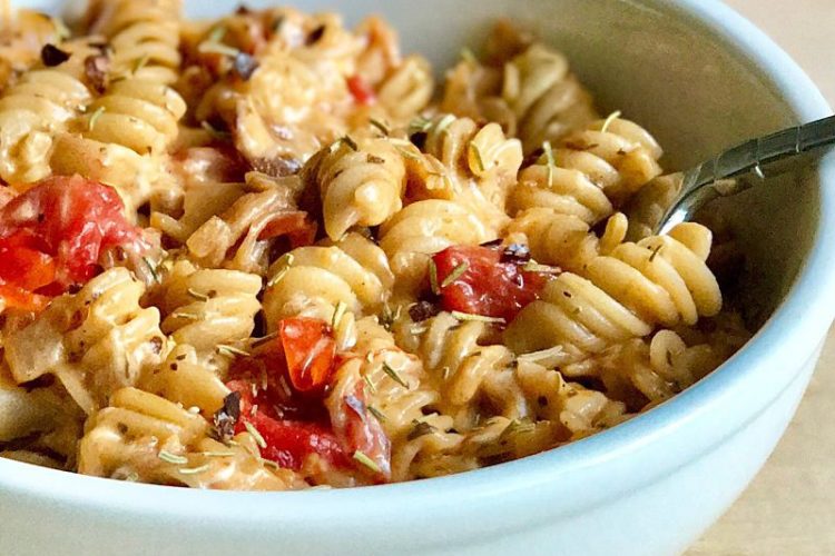 vegan cheesy tomato pasta bowl