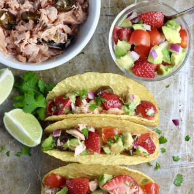 Candied Jalapeno Salmon Tacos with Strawberry Avocado Salsa