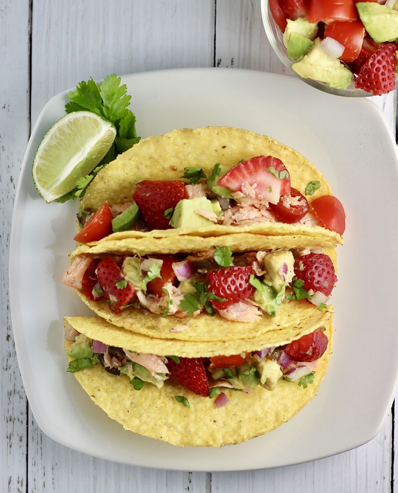 Candied Jalapeno Salmon Tacos with Strawberry Avocado Salsa