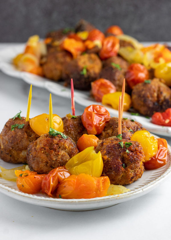 Turkey Chorizo Meatballs with Blistered Oven Roasted Tomatoes