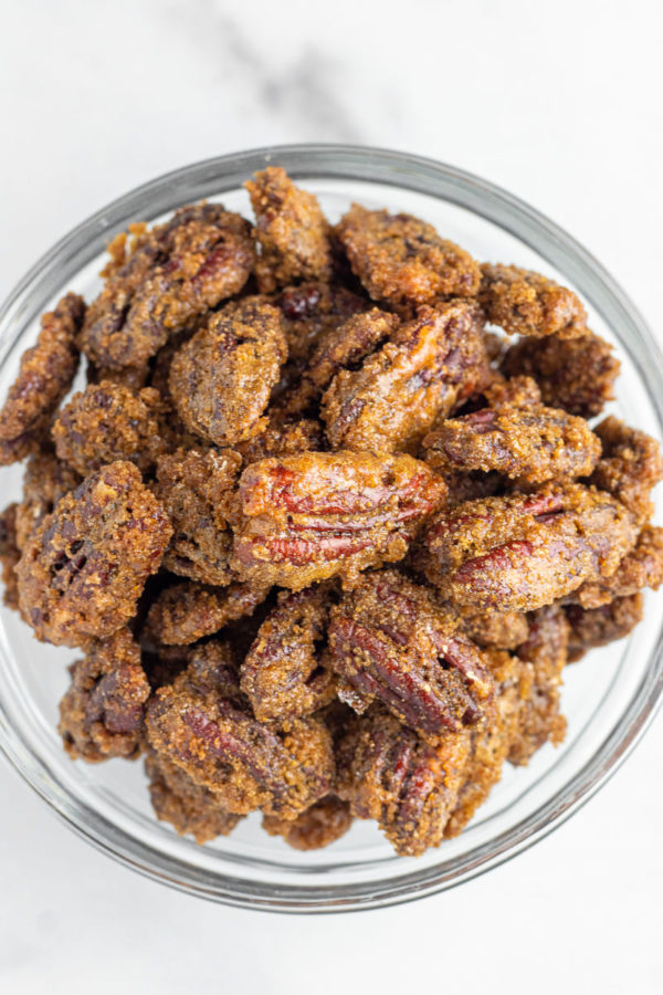 Candied Pecans in Clear Bowl