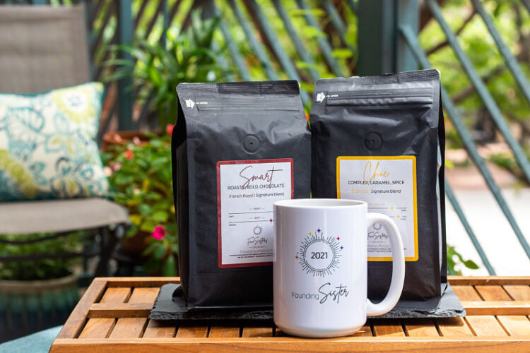 Five Sisters Coffee C. mug with two bags of beans