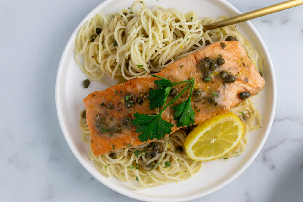 Salmon Piccata Pasta (dairy-free, gluten-free)